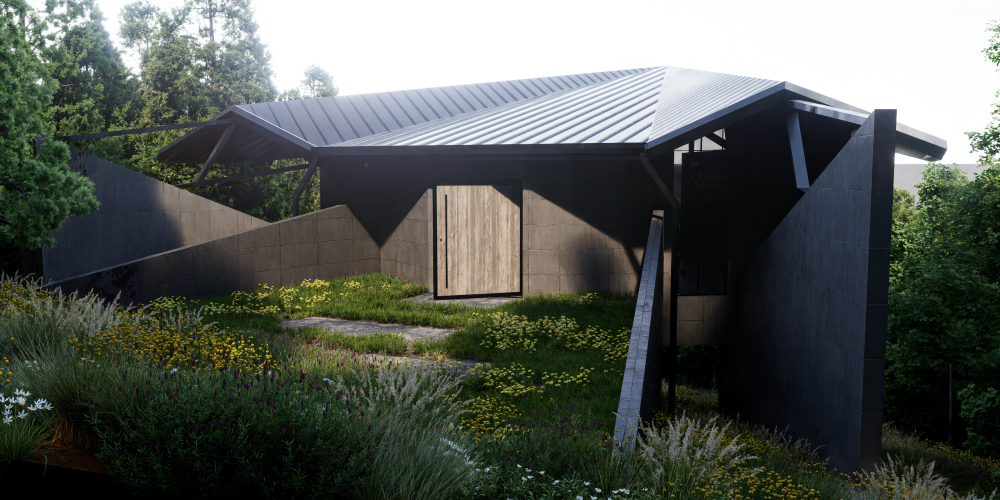 Casa tipo cabaña diseñada para Airbnb en zona montañosa, con cubierta inclinada de metal, muros oscuros y jardín silvestre.