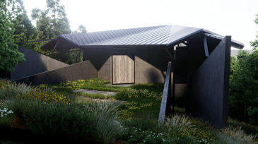 Casa tipo cabaña diseñada para Airbnb en zona montañosa, con cubierta inclinada de metal, muros oscuros y jardín silvestre.