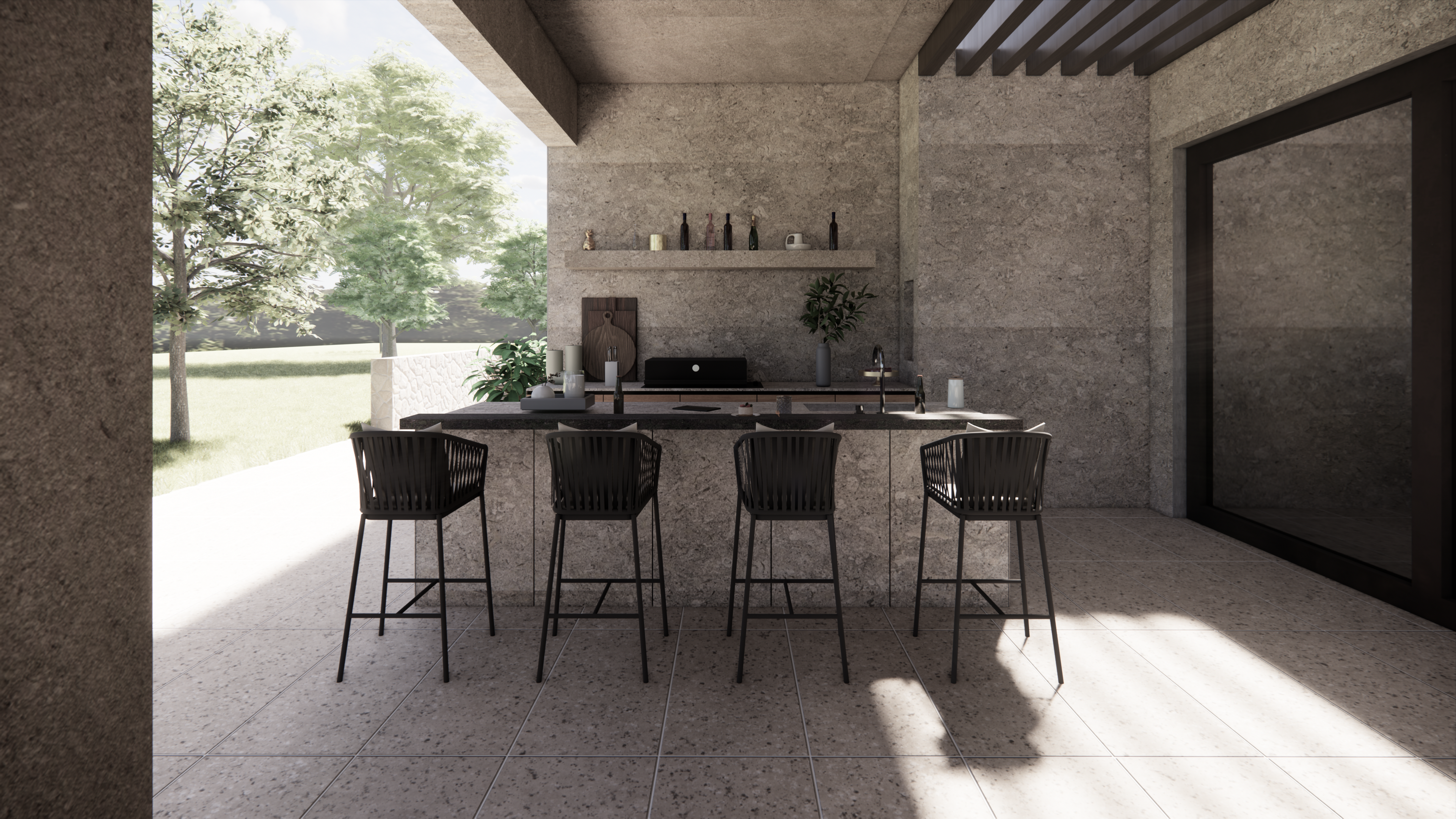 Modern outdoor kitchen with stone surfaces, steel shelving, and warm natural lighting.