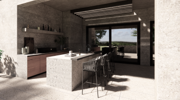 Luxury outdoor kitchen with concrete finishes, open roof system, and panoramic landscape view.