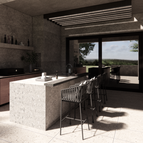 Luxury outdoor kitchen with concrete finishes, open roof system, and panoramic landscape view.