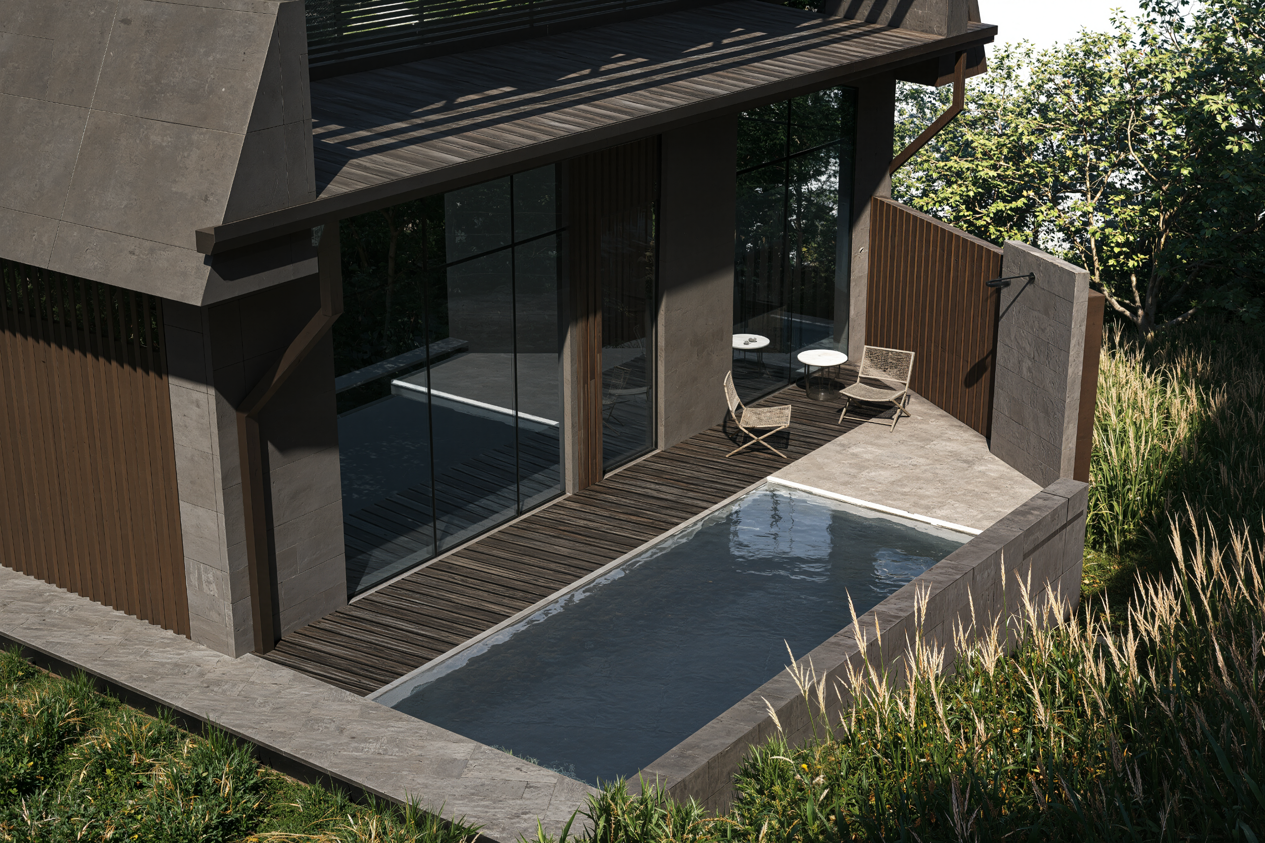 Luxury minimalist house with timber cladding and reflecting pool, surrounded by forest.