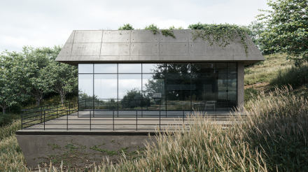 Casa moderna de vidrio con cubierta de concreto e integración vegetal en una ladera de Costa Rica.