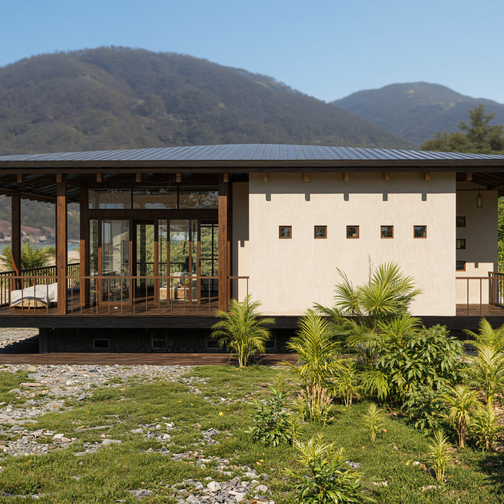 Tropical house with natural ventilation and horizontal proportions facing the ocean landscape